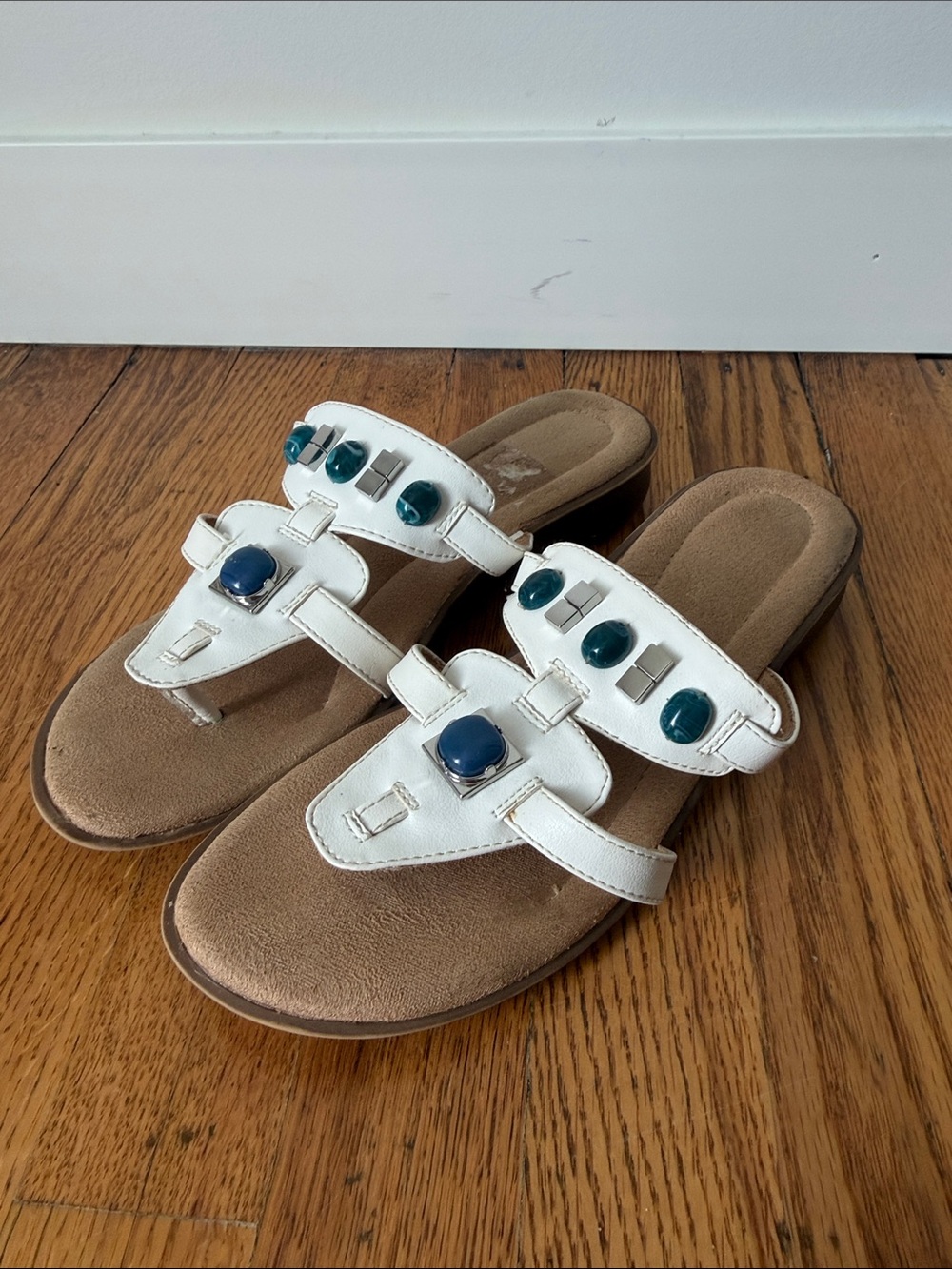 Naturalizer Jamelia White Jeweled Thong Sandals with Teal and Blue Accents